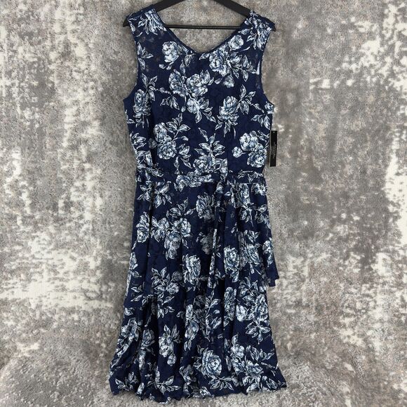 NEW Tahari Size 12 Floral V Neck Sleeveless Flare Midi Dress Navy Lined NWT - Picture 1 of 14